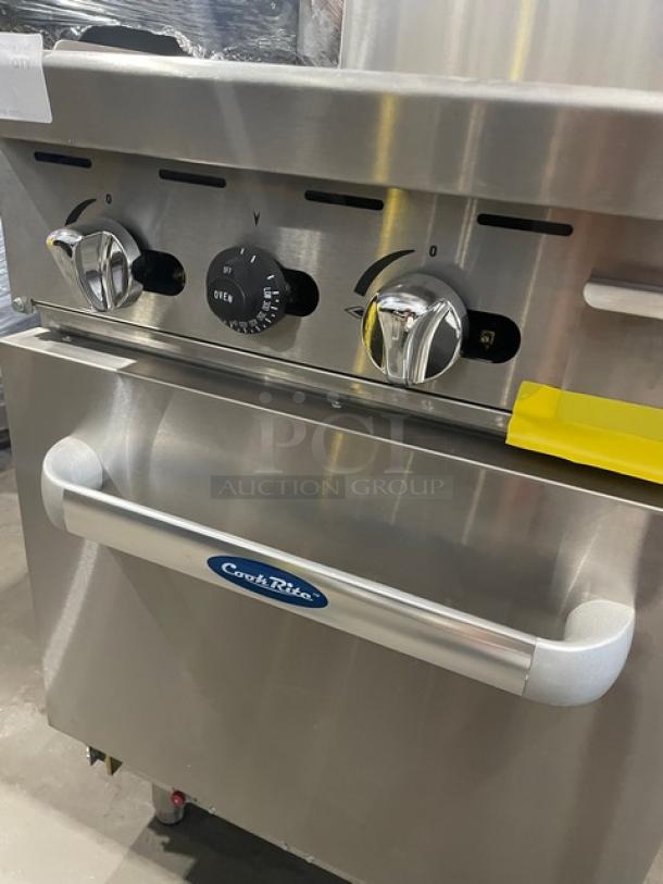 Brand new Atosa ATO-24G Cook Rite natural gas griddle range with stainless steel overshelf and casters.