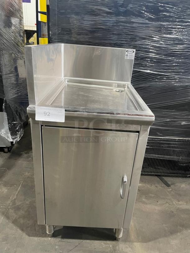 Infinity ICBD-18D-LSS-M stainless steel cabinet with back and side splash, drain hole, and legs. Commercial-grade condition.
