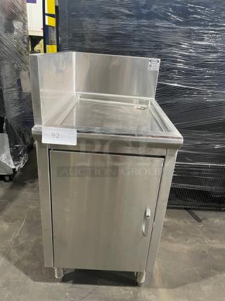 Infinity ICBD-18D-LSS-M stainless steel cabinet with back and side splash, drain hole, and legs. Commercial-grade condition.