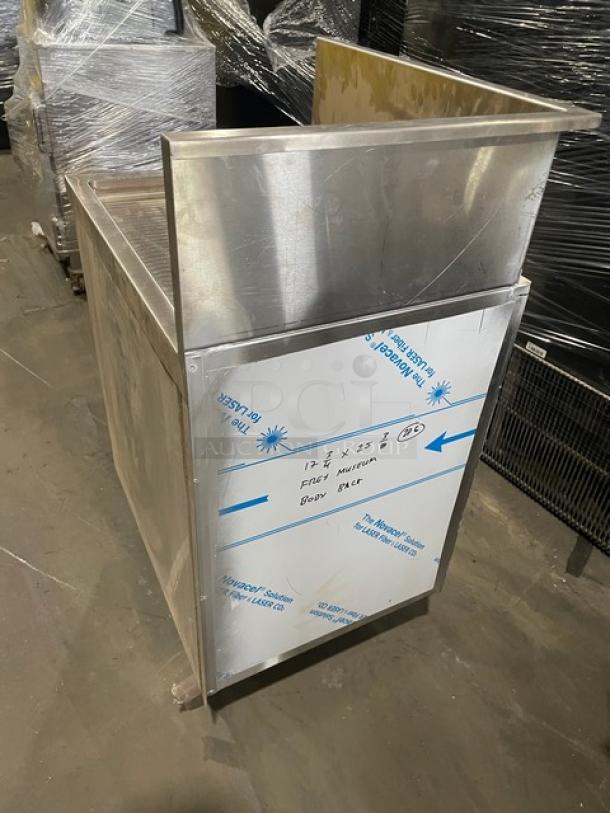 Infinity ICBD-18D-LSS-M stainless-steel cabinet base with back/left side splash, drain hole, and legs. Custom-made, new condition.