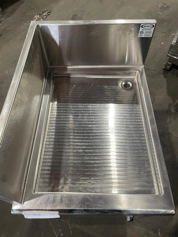 Infinity commercial stainless-steel cabinet base with drain hole, model ICBD-18D-LSS-M. Features back and left side splash.