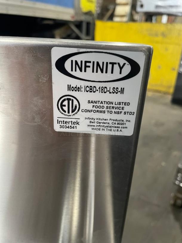 Infinity ICBD-18D-LSS-M stainless steel cabinet with drain, back, and side splash. ETL sanitation listed.