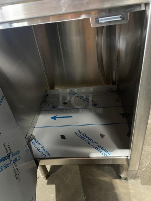 Infinity ICBD-18D-LSS-M stainless-steel cabinet, custom-made with back and left side splash, drain hole, on legs, new condition.