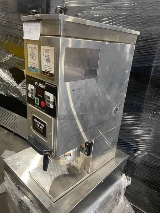 HTi G9-2T DBC stainless steel espresso bean grinder with hoppers, electric, countertop model, used, serial G900089545.