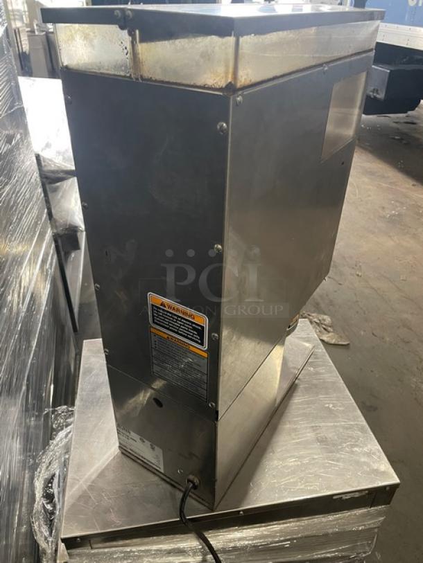 HTi G9-2T DBC electric espresso grinder, stainless steel, with hoppers, model and serial labels visible, used condition.