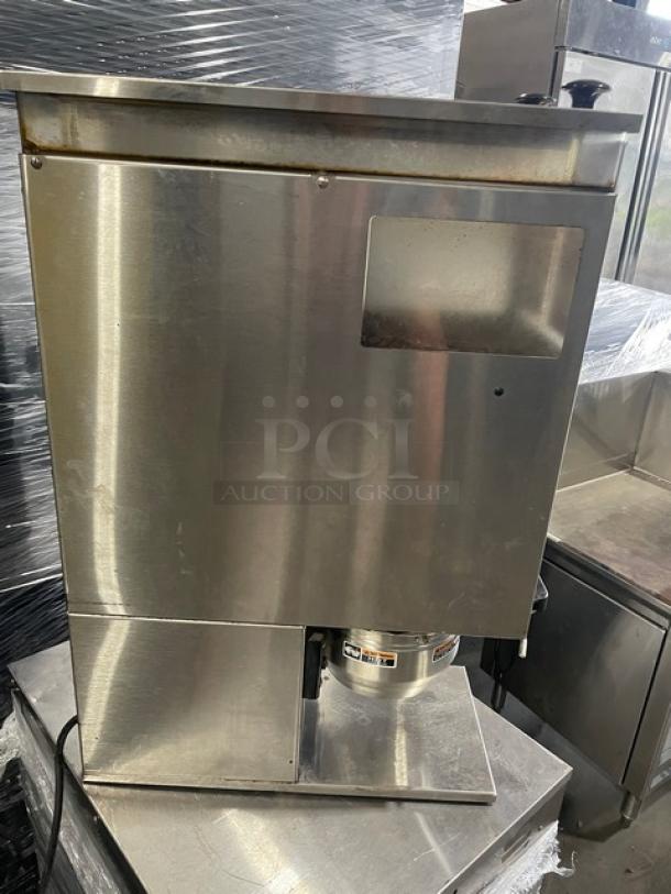 HTi G9-2T DBC stainless steel espresso bean grinder, electric, with hoppers. Commercial use, good condition. 120V, 1 Phase.