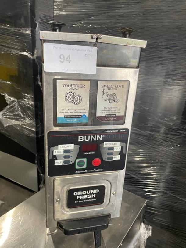 HTi G9-2T DBC stainless steel commercial espresso grinder with dual hoppers. Features digital controls and decaf/regular options.