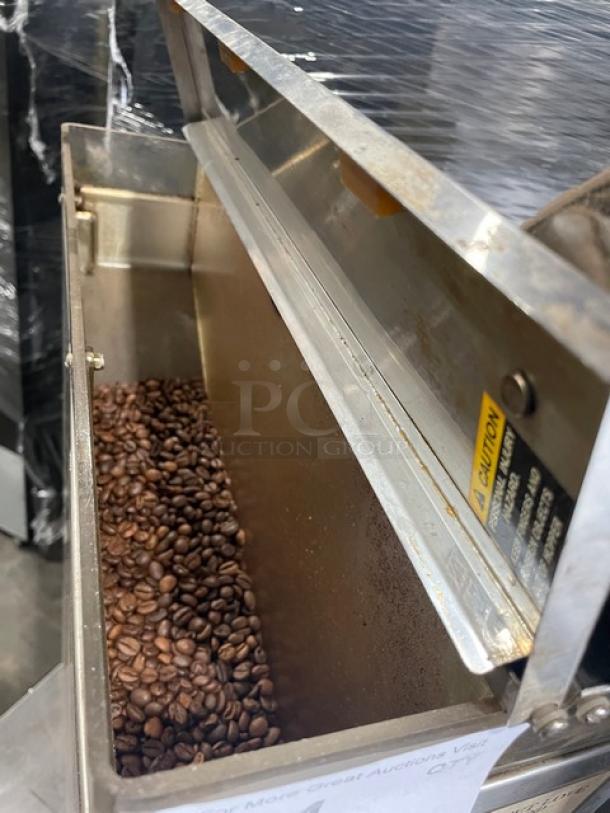 HTi G9-2T DBC espresso bean grinder with hopper, commercial stainless steel, 120V, one phase. Serial: G900089545.