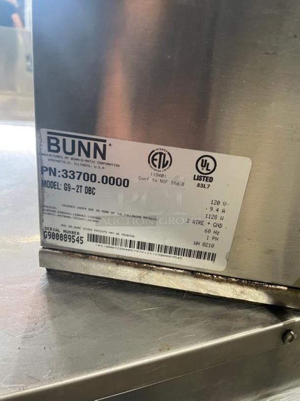 HTi Commercial Stainless Steel Espresso Bean Grinder, Model G9-2T DBC, 120V, with hoppers, visible label showing specs.