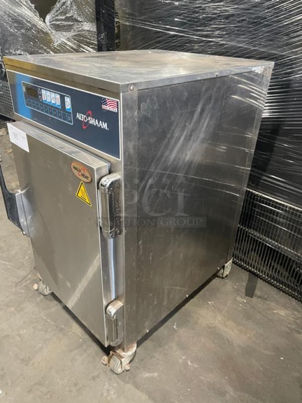 2018 Alto-Shaam Halo Heat 500-TH/III undercounter oven, stainless steel, digital controls, built-in pan rack, on casters.