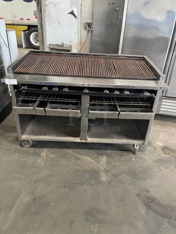 Bakers Pride F60R stainless steel charbroiler, 60" with cabinet base, front work deck, slide-out grease drawer, on casters.