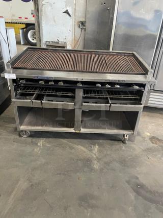 Bakers Pride F60R stainless steel charbroiler, 60" with cabinet base, front work deck, slide-out grease drawer, on casters.