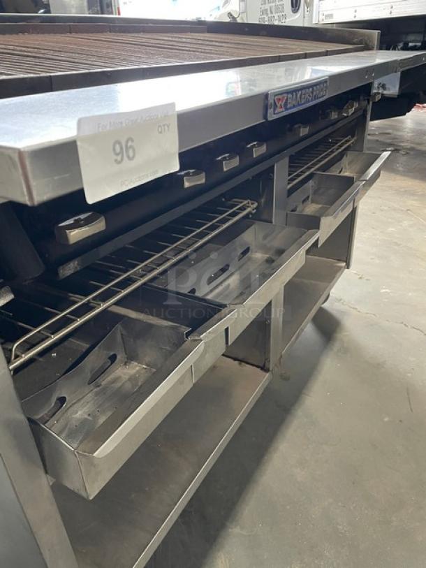 Bakers Pride F60R commercial charbroiler, 60" stainless steel, natural gas, enclosed base, work deck, grease drawer, oven racks.