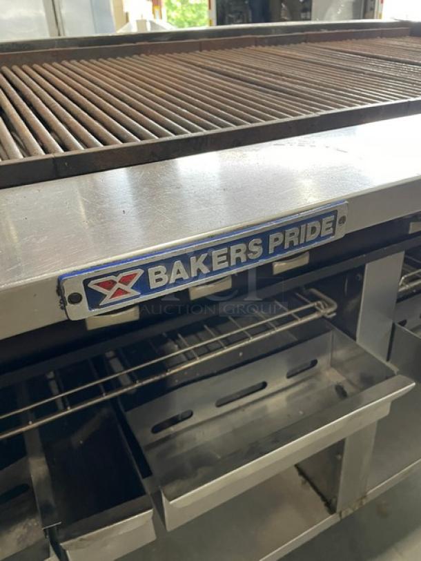 Bakers Pride F60R commercial 60" stainless steel charbroiler with work deck, grease drawer, water pans, and wired oven racks.