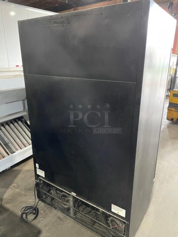 True Commercial Black Double Glass Swing Door Freezer, Model GDM-43F-HC~TSL01, 115V, features poly-coated wire racks.