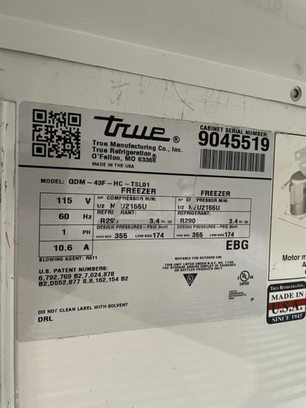 True Commercial Double Glass Door Merchandiser Freezer, Model GDM-43F-HC~TSL01, SN 9045519, 115V, with poly-coated wire racks.