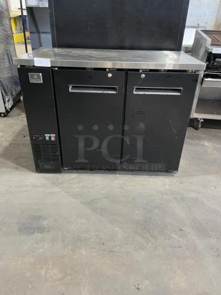 Kelvinator Commercial 48" black 2-door back bar refrigerator, model KCBB48SBHC, with stainless steel worktop and poly coated wire racks.