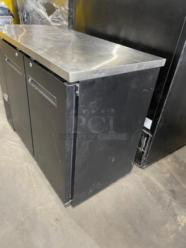 Kelvinator Commercial 48" Back Bar Refrigerator, Model KCBB48SBHC, black, two doors, stainless steel worktop, poly-coated wire racks.