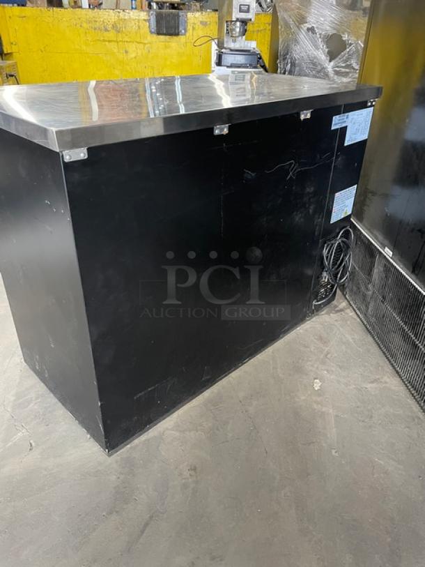 Kelvinator Commercial 2-Door Black Back Bar Refrigerator, Model KCBB48SBHC, stainless steel worktop, poly-coated wire racks.
