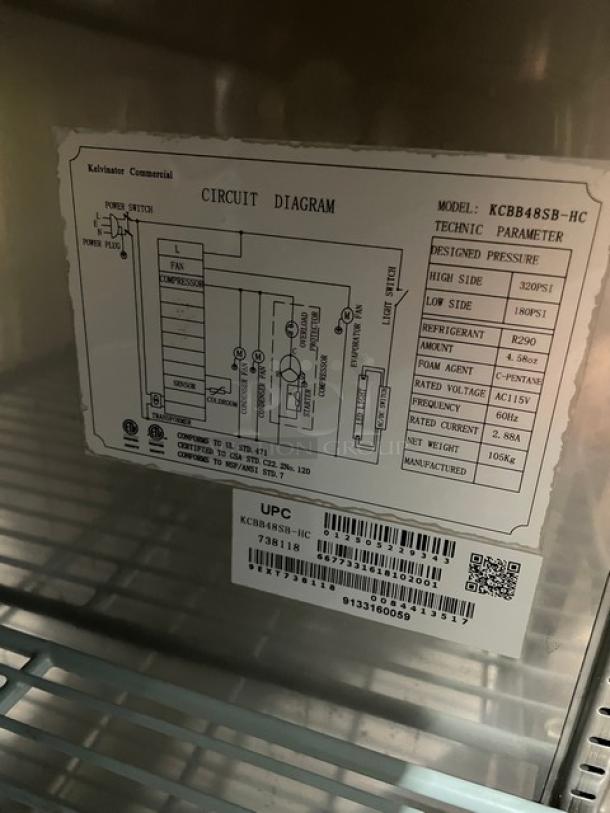 Kelvinator Commercial 48" Black 2-Door Back Bar Refrigerator, stainless steel worktop, poly coated wire racks, Model KCBB48SB-HC, circuit diagram and specifications.
