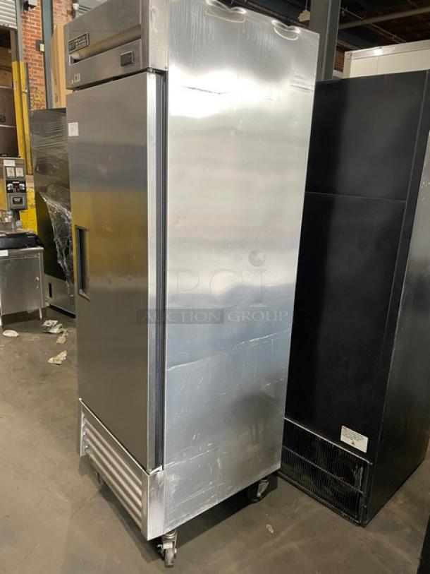 True Commercial Stainless Steel Single Door Refrigerator, Model T-23-HC, with poly-coated wire racks, on casters.