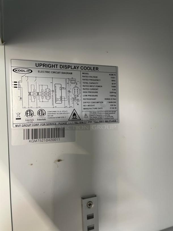 Kool-It KGM75 commercial refrigerator label, model and serial number visible; detailed electric circuit diagram.