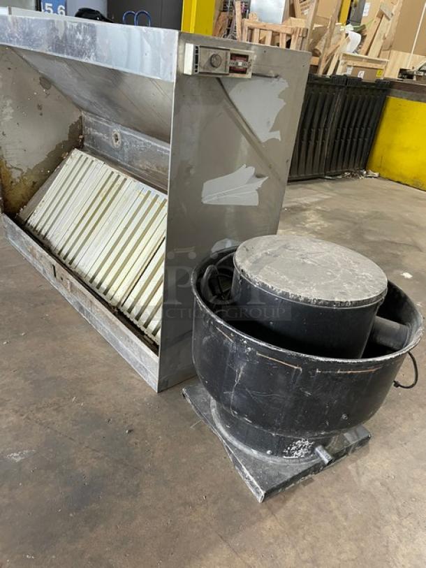 Commercial stainless steel kitchen exhaust hood with filter and electric exhaust fan. Used condition, includes all parts.