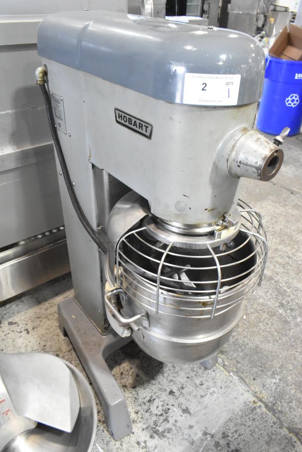 Hobart D3-40 commercial mixer with stainless steel bowl, bowl guard, dough hook, and paddle. 40-quart, 120V, 1 phase.