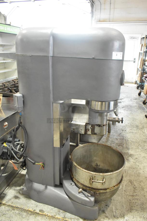 Hobart M 802 commercial 80 qt. planetary dough mixer with metal bowl. 208V, 3-phase. Industrial-grade, sturdy condition.