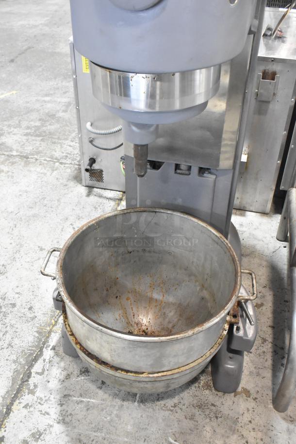 Hobart M 802 commercial 80-quart planetary dough mixer with metal bowl, 208V, 3-phase, used condition.