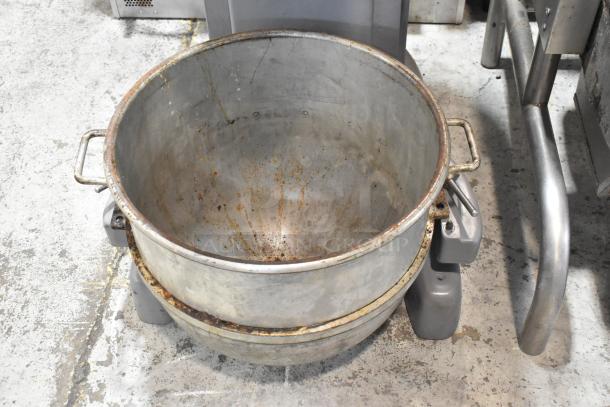 Hobart M 802 commercial 80-quart metal mixing bowl with visible wear, compatible with 208V, 3-phase planetary dough mixer.