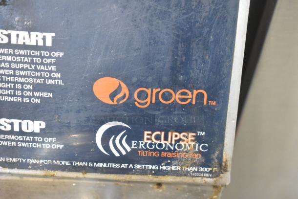 Groen BPM-40G Eclipse ergonomic stainless steel 40-gallon manual tilt braising pan, natural gas, 144,000 BTU.