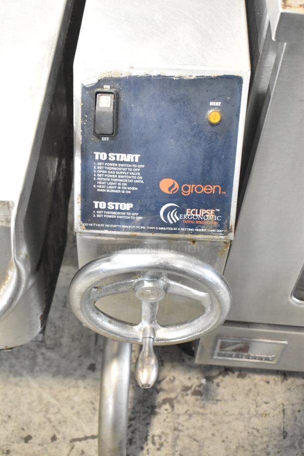 Groen BPM-40G Eclipse stainless steel braising pan, 40-gallon, manual tilt, gas-powered, with instructions and control panel.