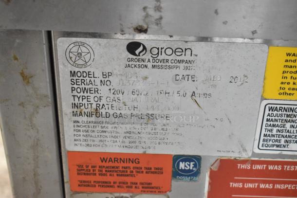 Groen BPM-40G braising pan label showing model, natural gas power, 144,000 BTU, serial number, and warnings.