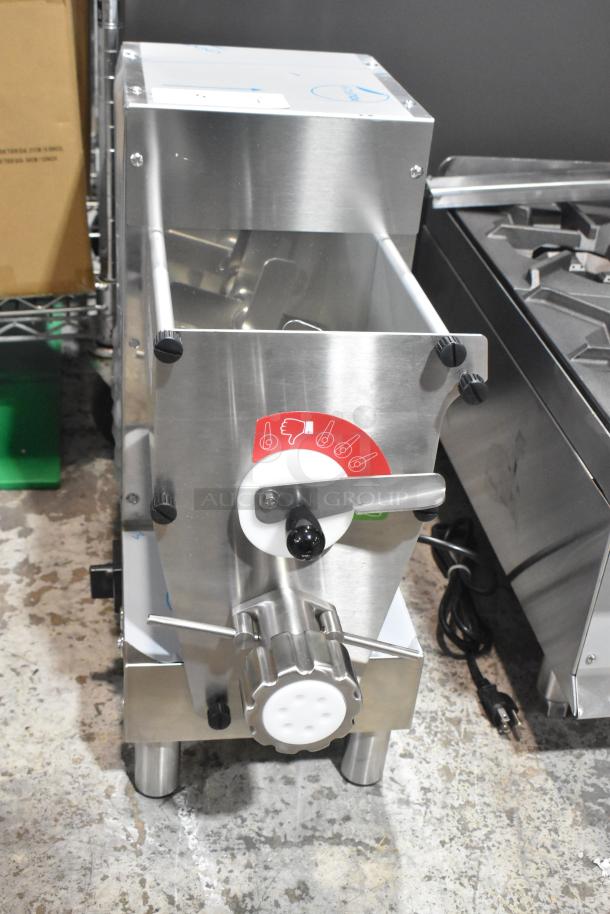BRAND NEW Estella 348PEM4 stainless steel pasta extruder, 4 lb. capacity, 120 volts, showing front control knob and markings.
