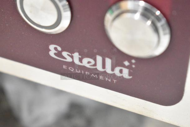 Estella 348PEM4 stainless steel pasta extruder close-up, showing logo and control knob. Scratch and dent condition.