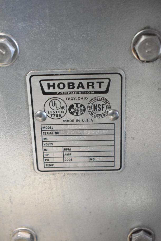 Hobart 84186 Buffalo Chopper nameplate showing model, serial number, 115 volts, and UL, NSF certifications.