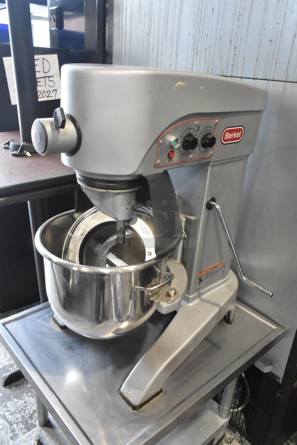Berkel FMS20 planetary dough mixer with stainless steel bowl, bowl guard, and dough hook; on stand with casters.