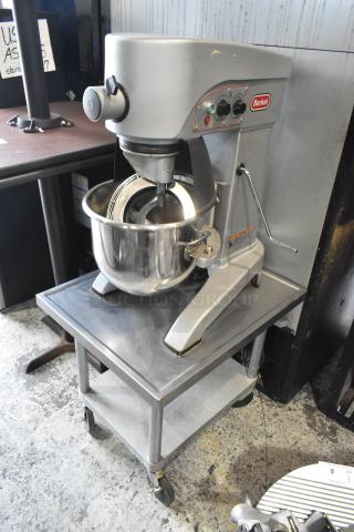 Berkel FMS20 Metal Commercial Countertop 20 Quart Planetary Dough Mixer w/ Stainless Steel Mixing Bowl, Bowl Guard and Dough Hook Attachment on Stainless Steel Equipment Stand on Commercial Casters. 100-120 Volts, 1 Phase. - Item #1198304