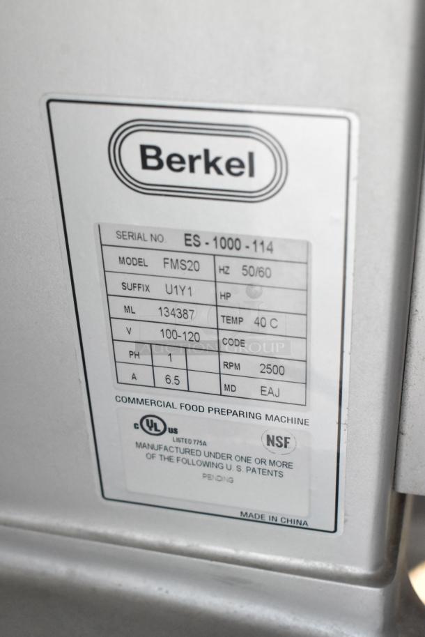 Berkel FMS20 planetary dough mixer label with model, voltage, current, and certification details.