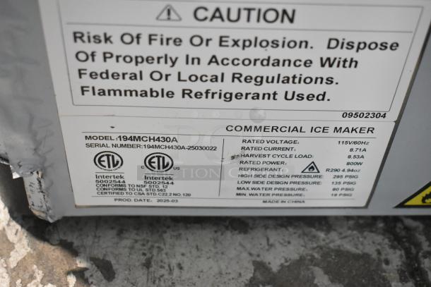 BRAND NEW Avantco 194MCH430A stainless steel ice machine label, 400 lb capacity, 115V, 1 phase, scratch and dent condition.