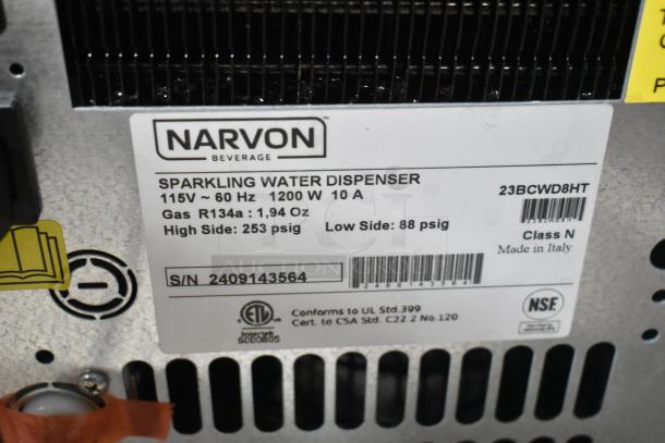 Narvon 23BCWD8HT 8 GPH countertop water dispenser label, detailing 115V, 1200W, model number, and compliance certifications.