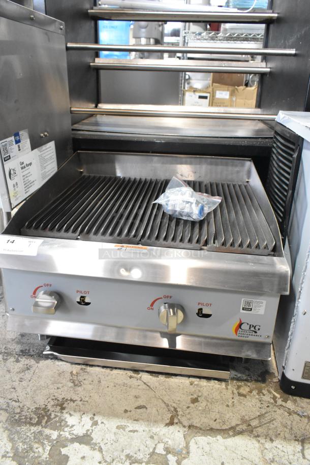 Brand new 2024 Cooking Performance Group 351CRCPG24NL 24" stainless steel gas charbroiler, 80,000 BTU, with visible dial controls.