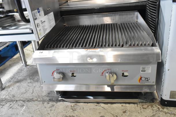 BRAND NEW 2024 CPG 351CRCPG24NL 24" Stainless Steel Gas Charbroiler, 80,000 BTU, with minor scratches, dual controls, CPG logo.