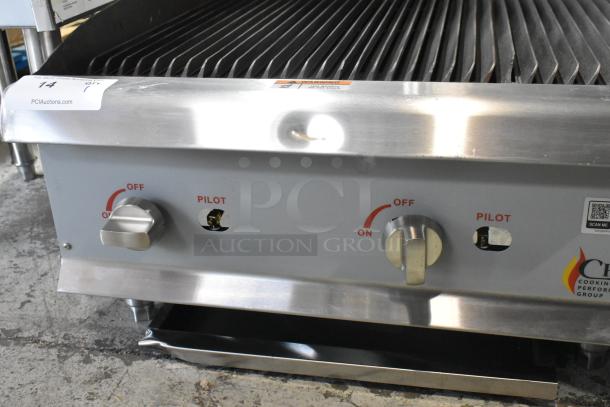 BRAND NEW 2024 CPG 351CRCPG24NL Stainless 24" Gas Charbroiler, 80,000 BTU. Scratch and dent, controls visible.