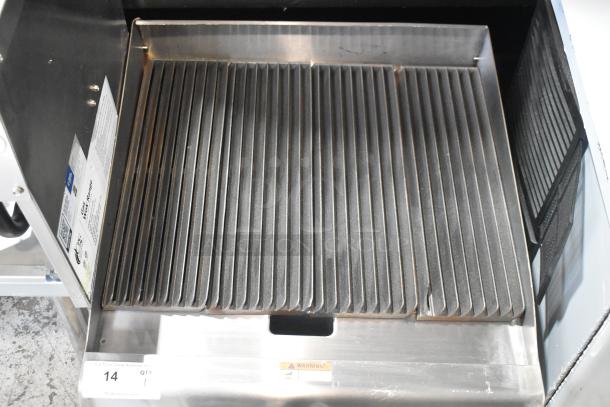 Brand new Cooking Performance Group 351CRCPG24NL 24" gas countertop radiant charbroiler, stainless steel, 80,000 BTU, visible labels.