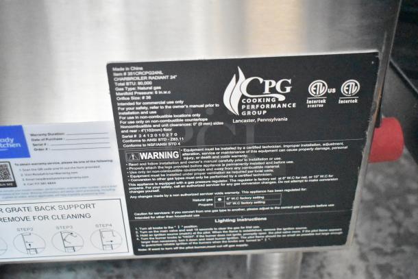 BRAND NEW 2024 Cooking Performance Group CPG 351CRCPG24NL 24" stainless steel gas charbroiler, 80,000 BTU, scratch and dent.