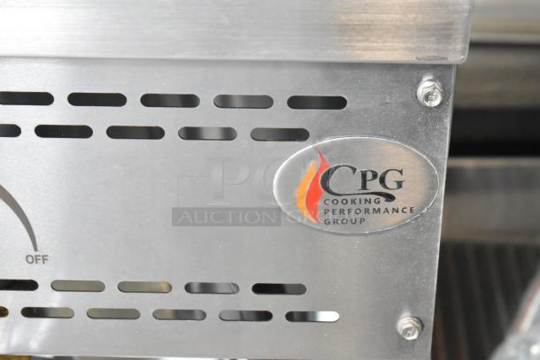 Stainless steel branded panel of a Cooking Performance Group CPG 351WOKR16N wok range, a natural gas-powered model.