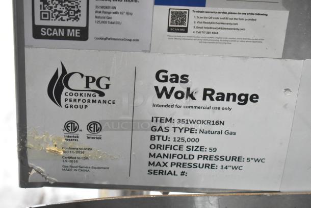 BRAND NEW Cooking Performance Group CPG 351WOKR16N stainless steel natural gas wok range, 125,000 BTU, 16" ring, commercial use.
