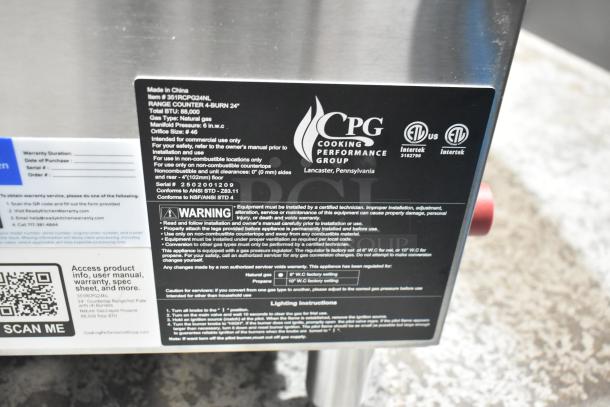 Brand new Cooking Performance Group 351RCPG24NL gas range tag, 4 burners, 88,000 BTU, stainless steel, commercial use.